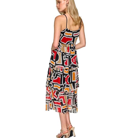 Karl Lagerfeld Printed Chiffon Ruffle Tiered Skirt Midi Dress | sz 8, Black Red - Picture 4 of 5